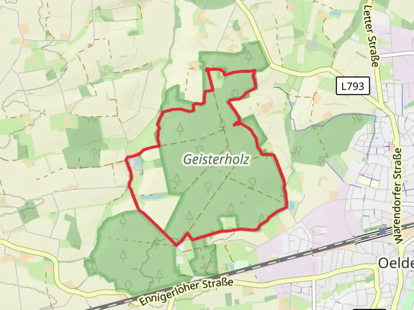 An image depicting the trail Geisterholz Loop and its surrounding area.