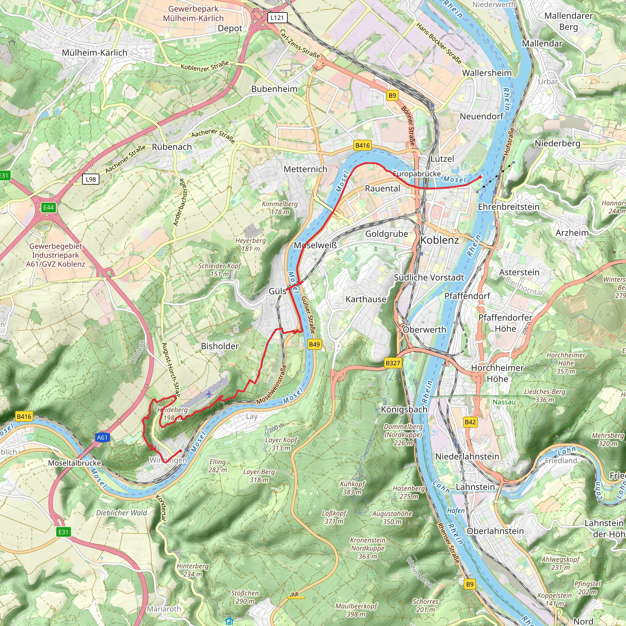 Winningen to Koblenz Walk via River Mosel mobile static map