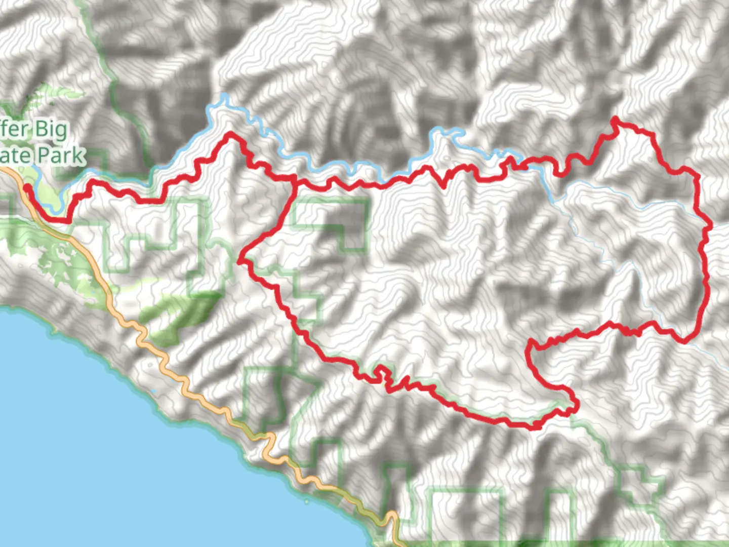 An image depicting the trail Pine Ridge and Big Sur Loop Trail and its surrounding area.