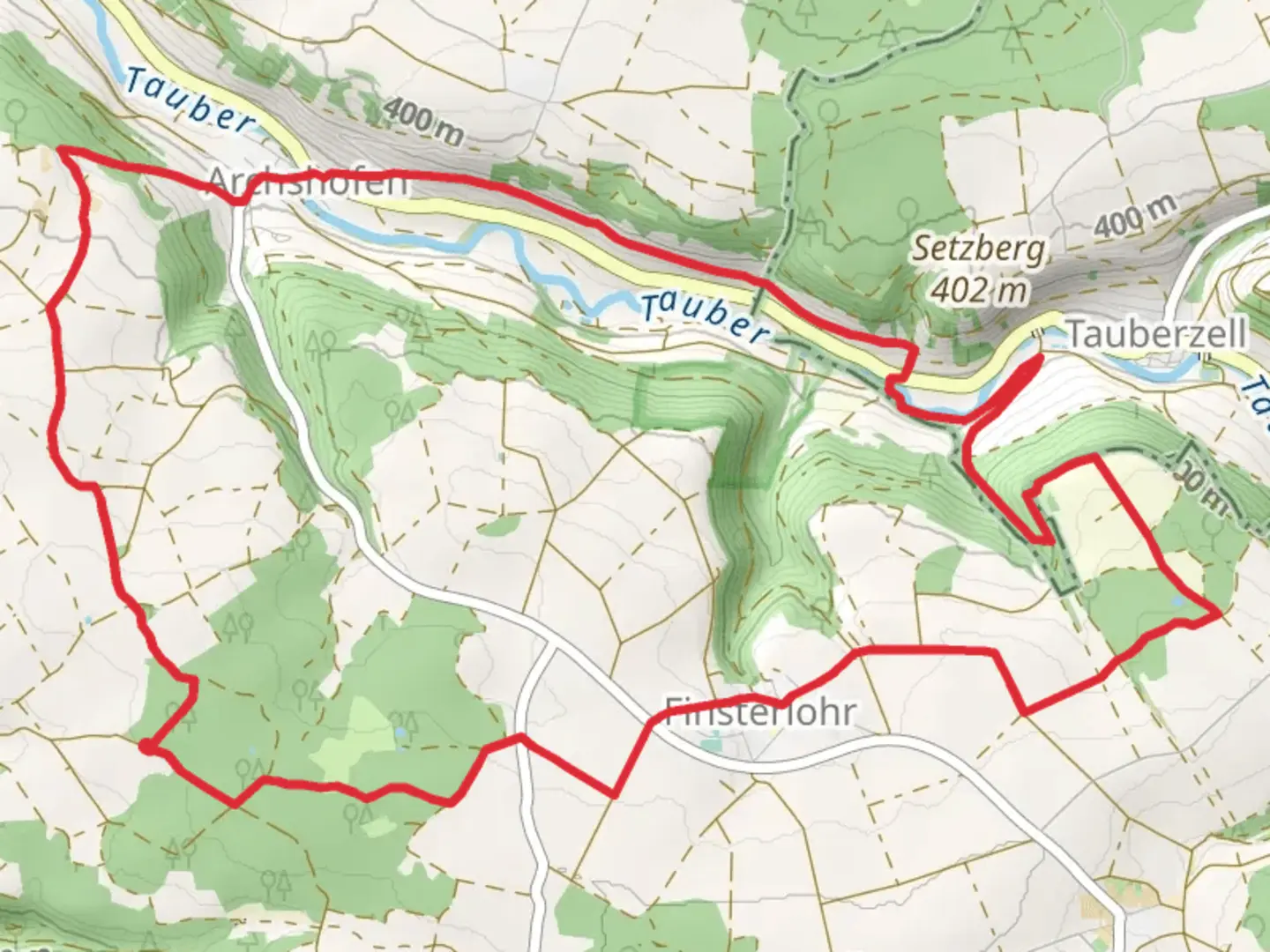 An image depicting the trail Archshofen and Finsterlohr Loop and its surrounding area.