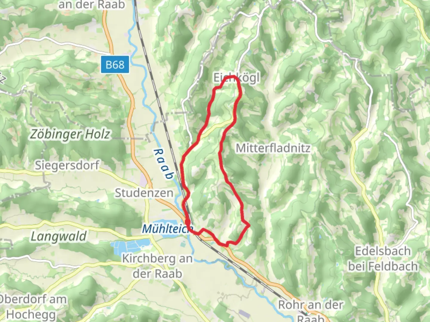 An image depicting the trail Eichkögl und Fladnitzberg Loop and its surrounding area.