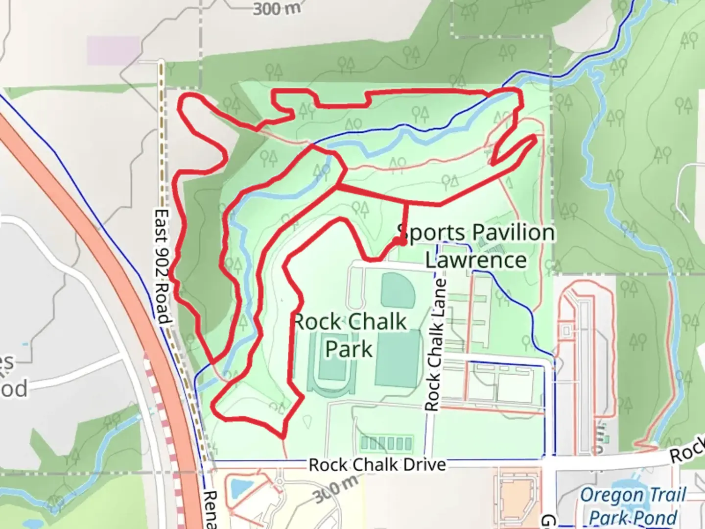 An image depicting the trail Sports Pavillion Lawrence Loop and its surrounding area.