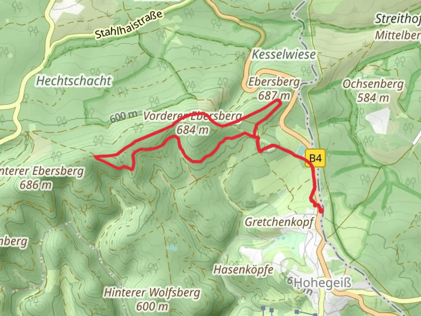An image depicting the trail Vorderer Ebersberg Loop and its surrounding area.