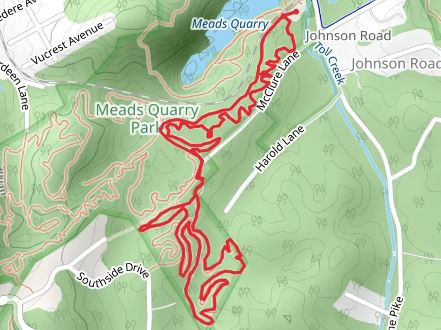 An image depicting the trail Flow, Hickorys and Imerys Loop and its surrounding area.