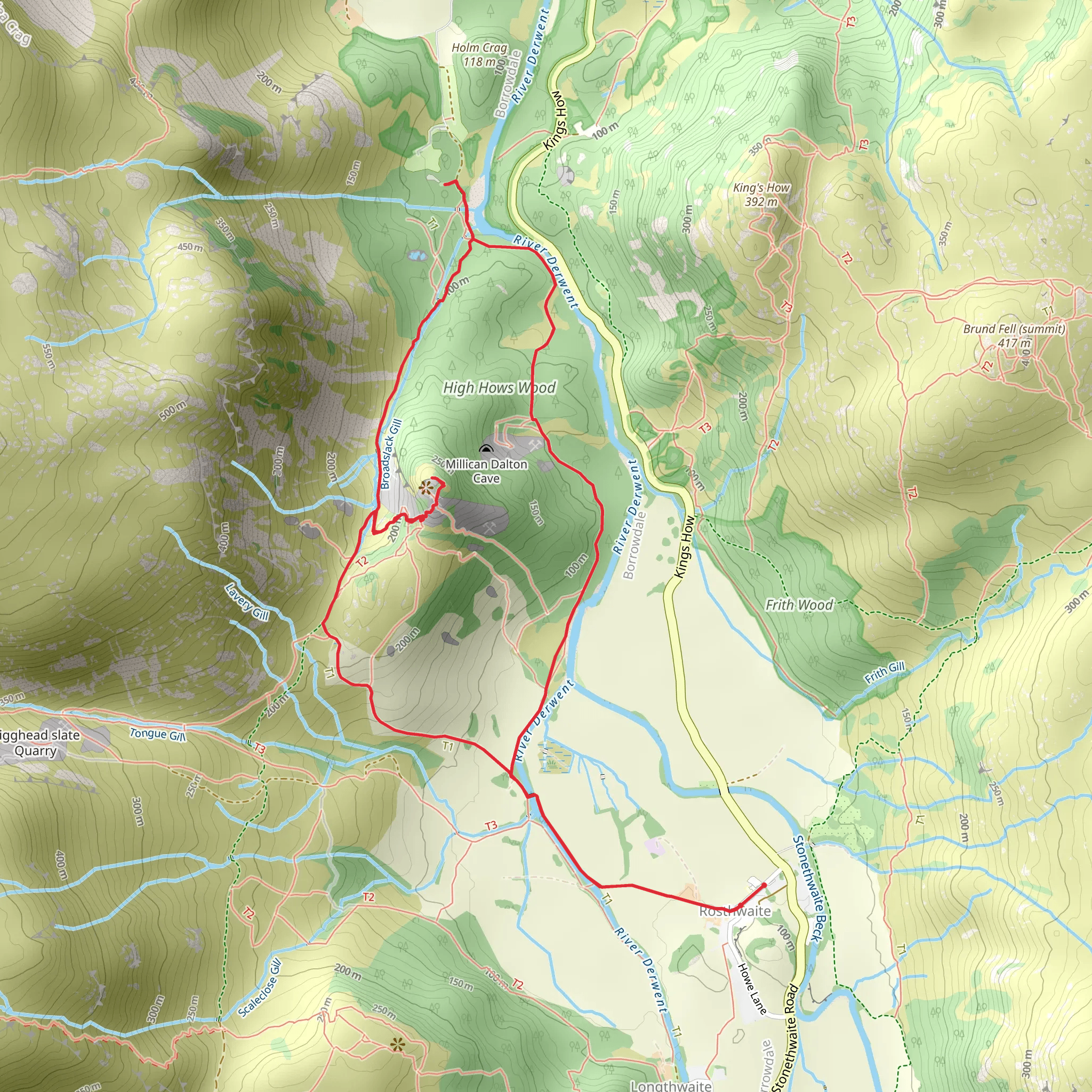 Rosthwaite Circular Walk and Millican Dalton's Cave mobile static map