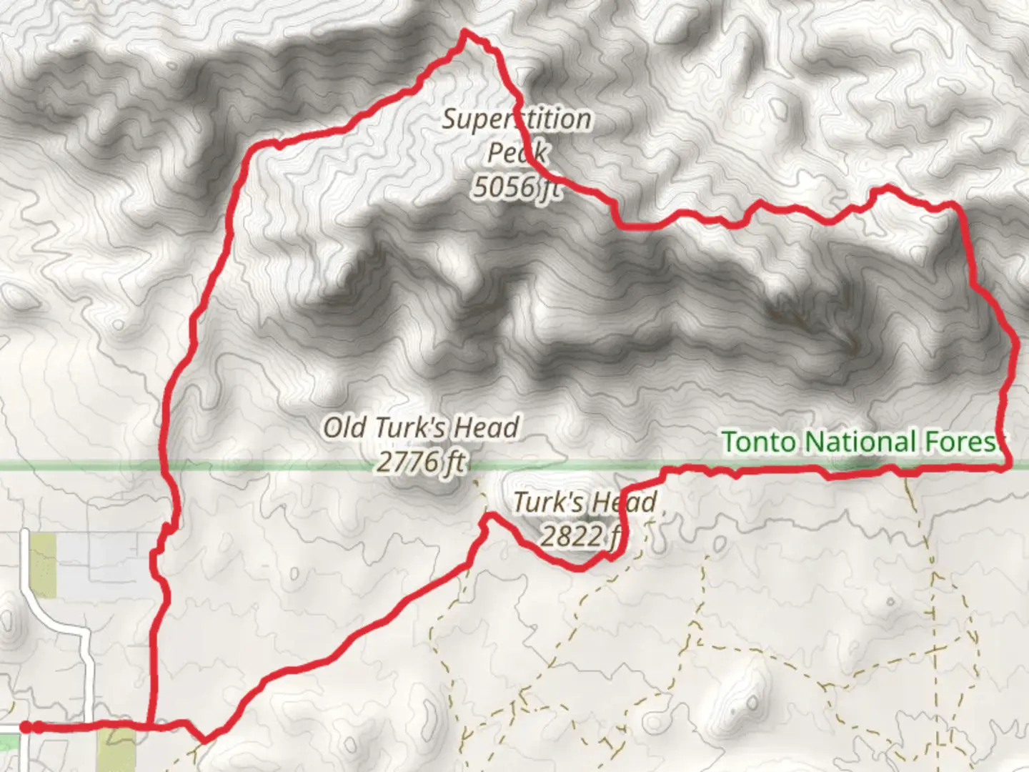 An image depicting the trail Hieroglyphic, Superstition Ridgeline and Lost Goldmine Loop Trail and its surrounding area.