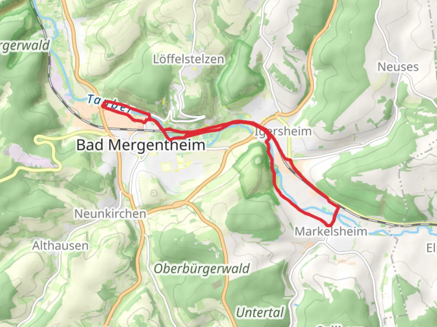 An image depicting the trail Bad Mergentheimer Weg and Igersheim Loop and its surrounding area.