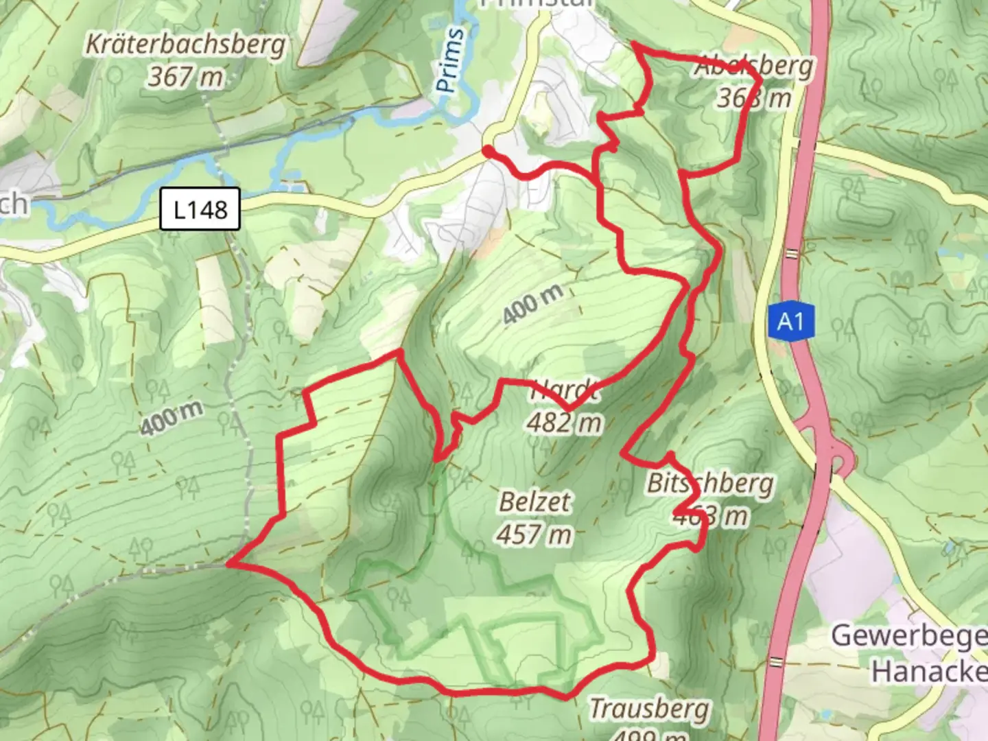 An image depicting the trail Muhlfeld and NSG Oberes Wiesbachtal Loop and its surrounding area.
