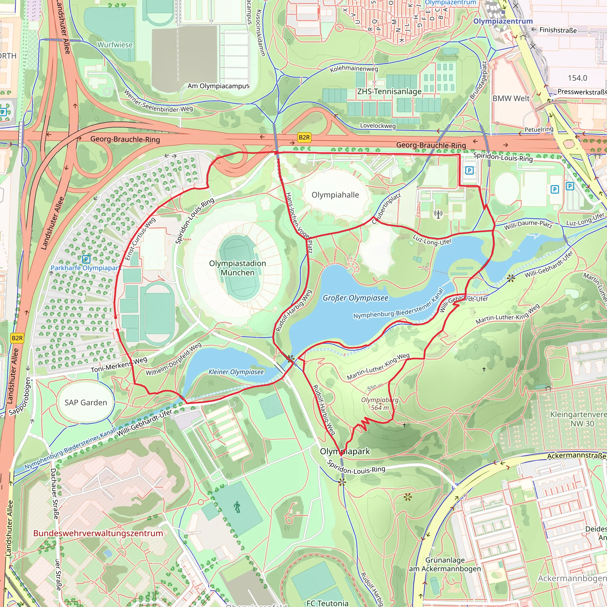 Grosser Olympiasee and Kleiner Olympiasee via Ernst-Curtius-Weg, Luz Long Ufer and Rudolf-Harbig-Weg mobile static map