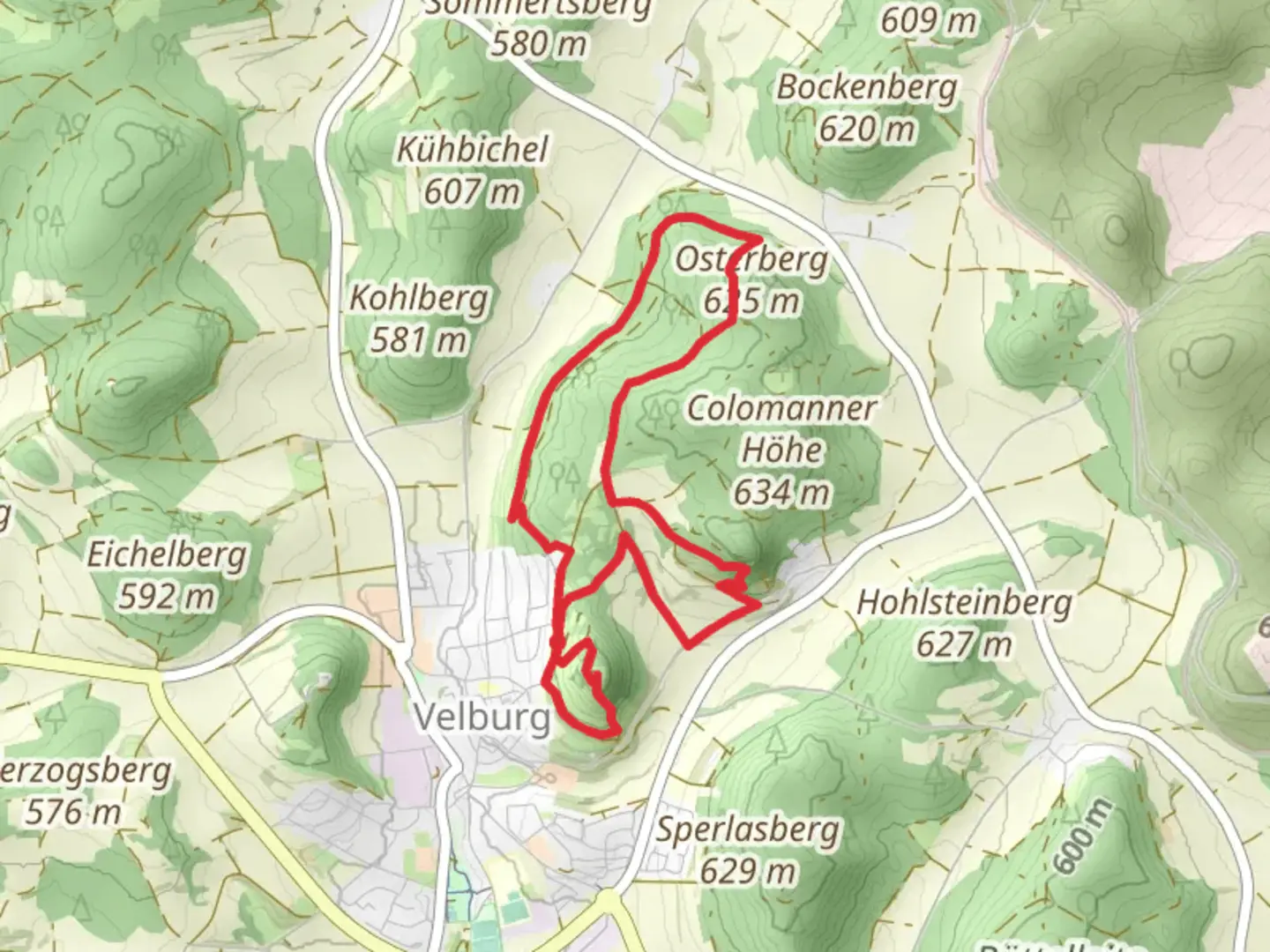 An image depicting the trail Hohlloch, Osterberg and Burgberg Velburg Loop and its surrounding area.