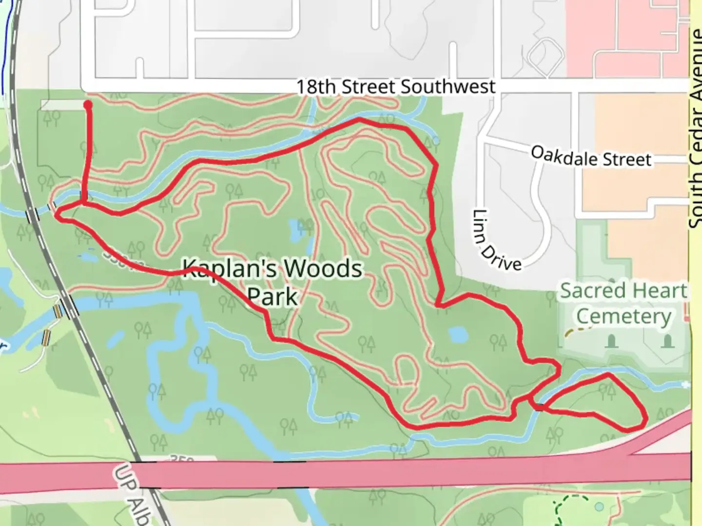 An image depicting the trail Kaplan's Woods Park Loop and its surrounding area.