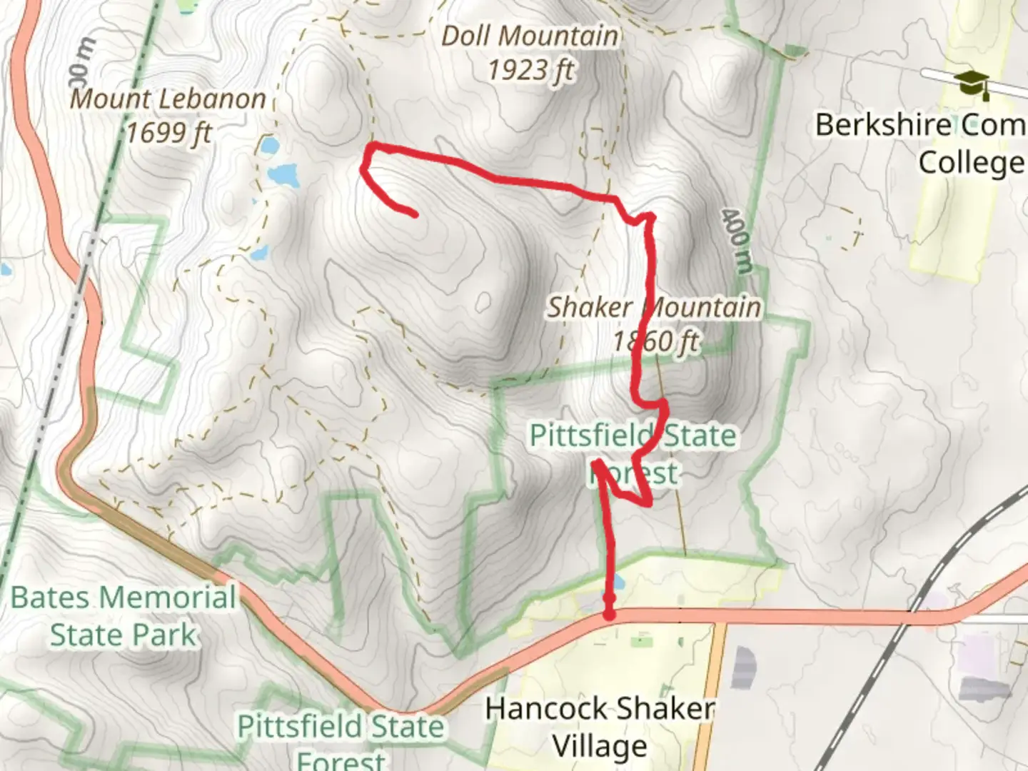 An image depicting the trail Shaker Mountain from Lebanon Mountain Road and its surrounding area.