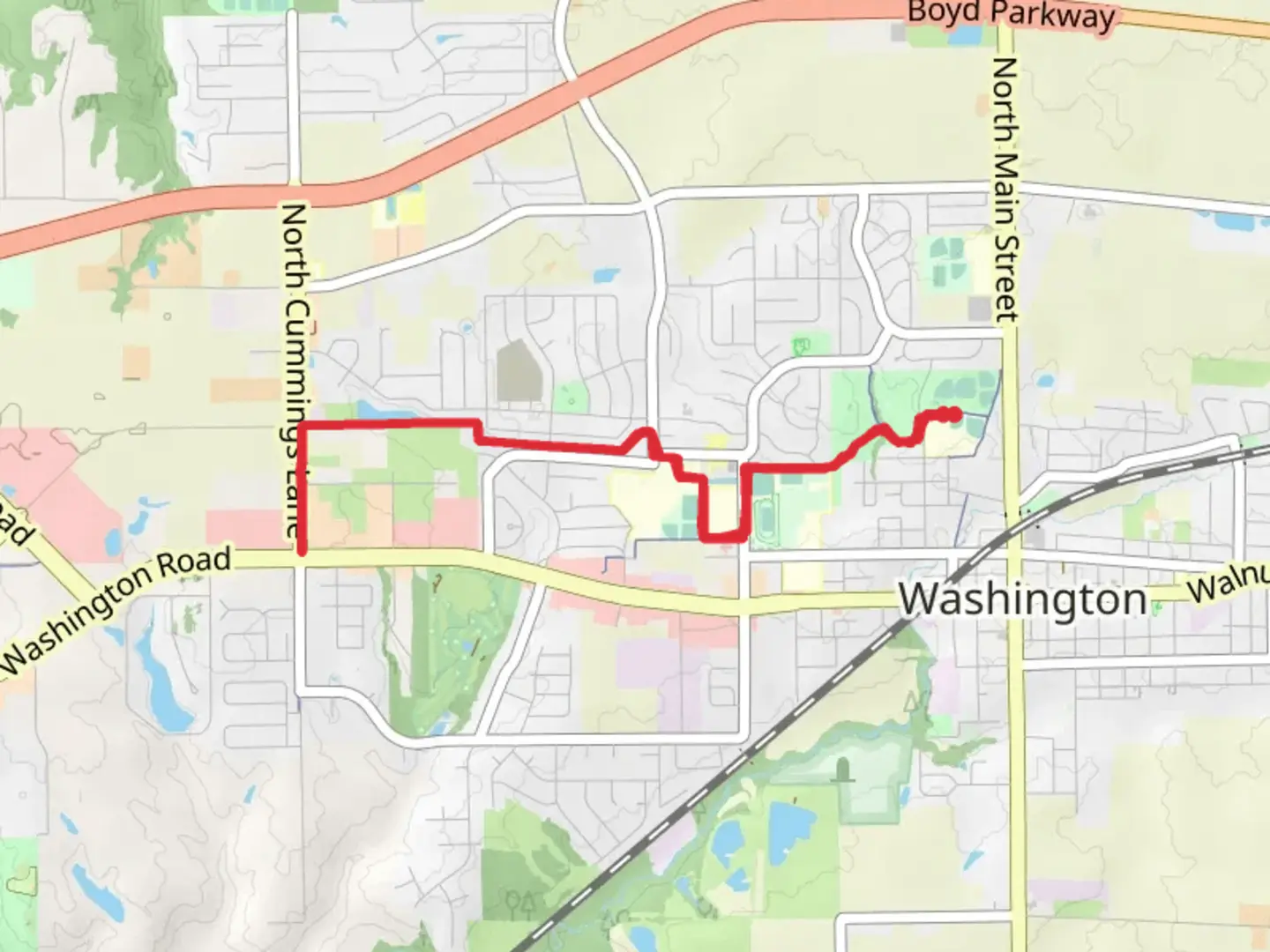 An image depicting the trail Washington Recreational Trail in Washington Park and its surrounding area.