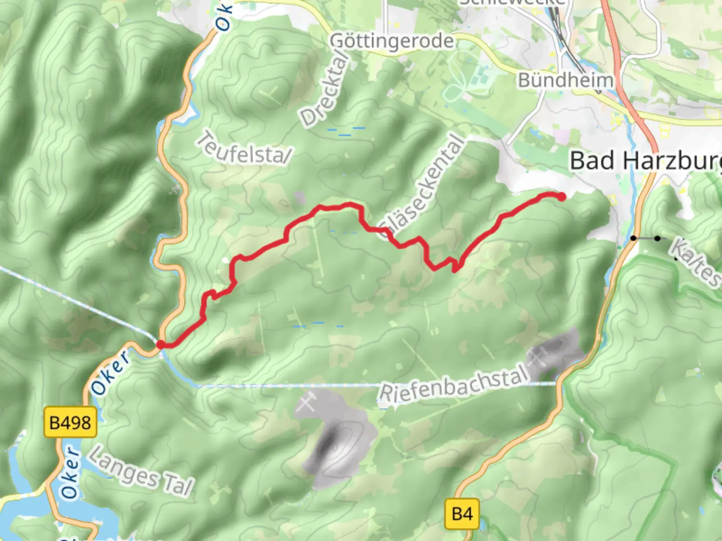 An image depicting the trail Romkerhall to Kaestestrasse via Harzklub Weg and its surrounding area.