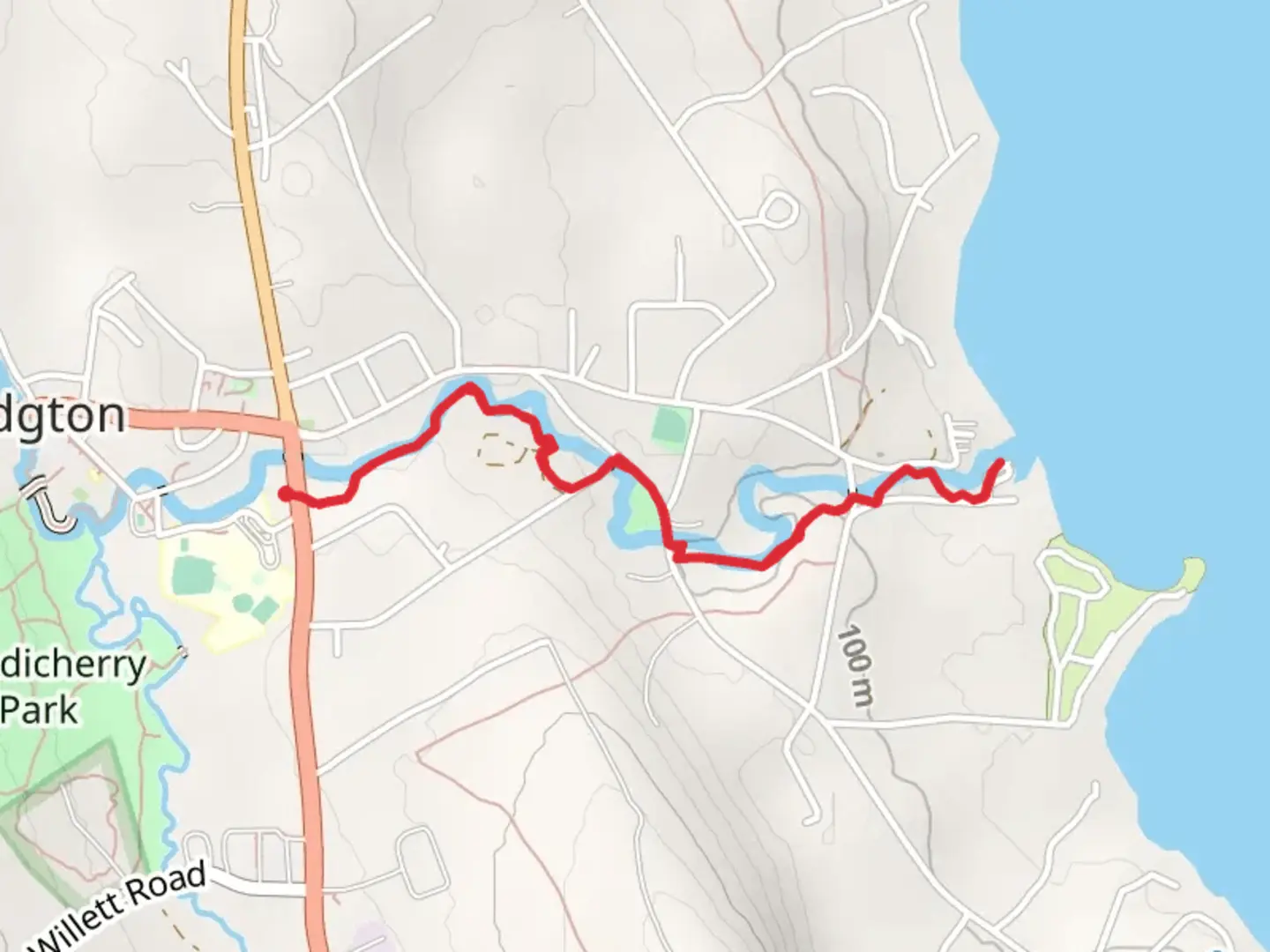 An image depicting the trail Steven Brook from Portland Road and its surrounding area.