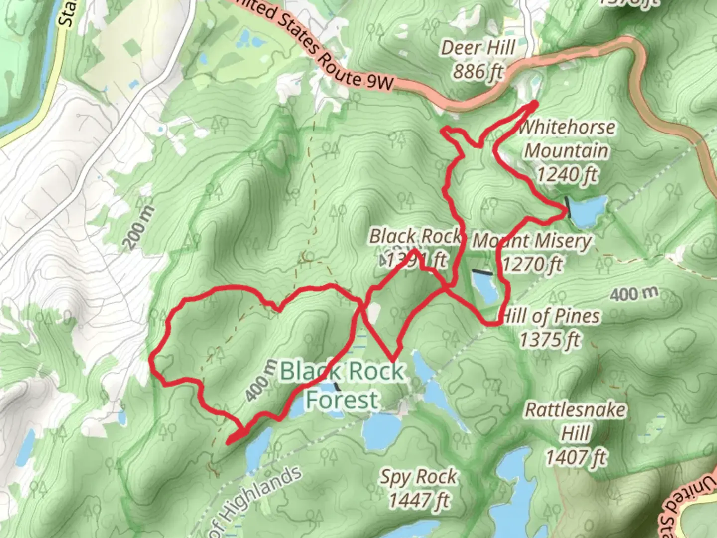 An image depicting the trail Upper Reservoir, Aleck Meadow Reservoir and Black Rock via White Oak Road and Stillman Trail and its surrounding area.