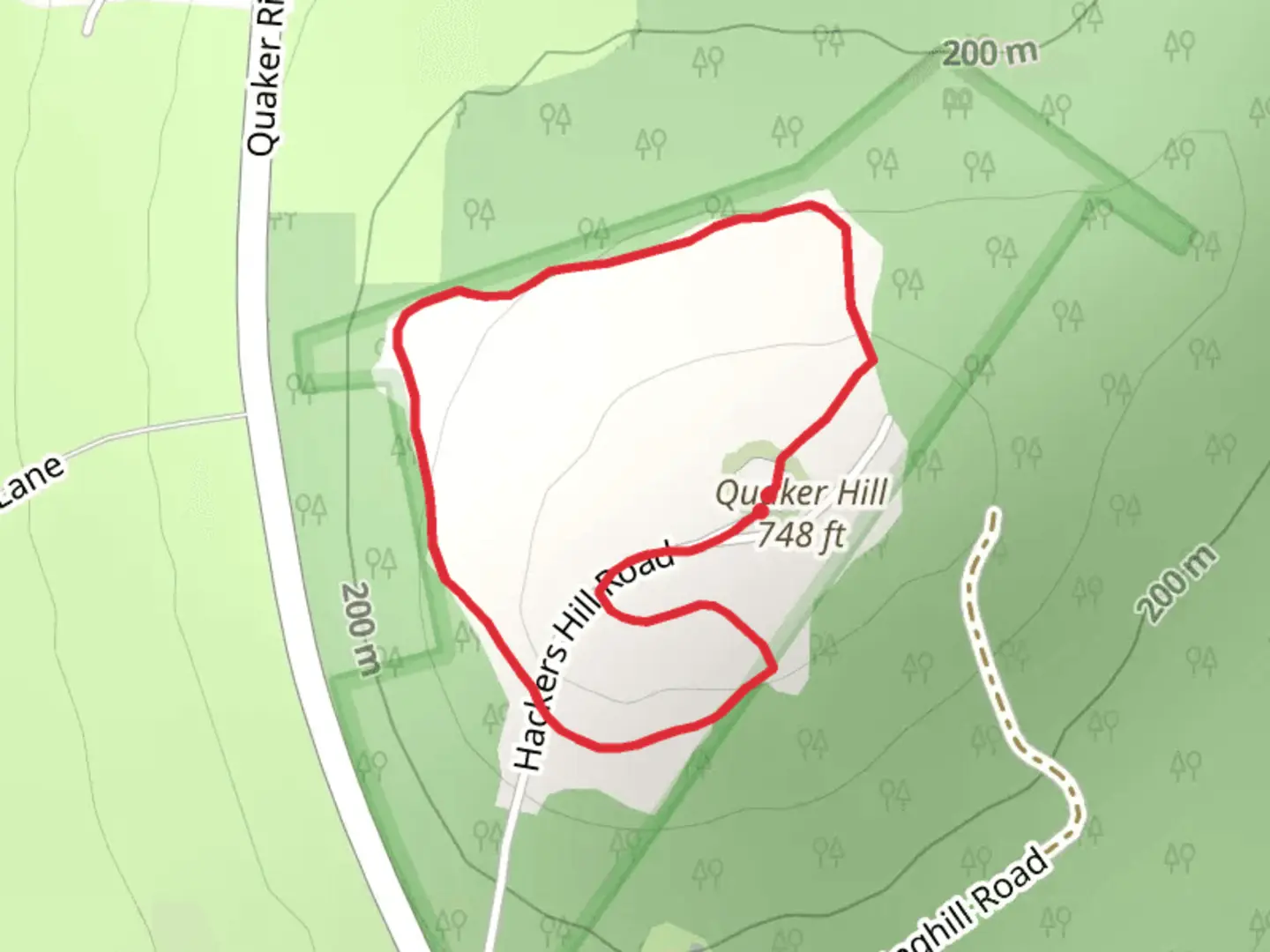 An image depicting the trail Quaker Hill from Hackers Hill Road Loop and its surrounding area.