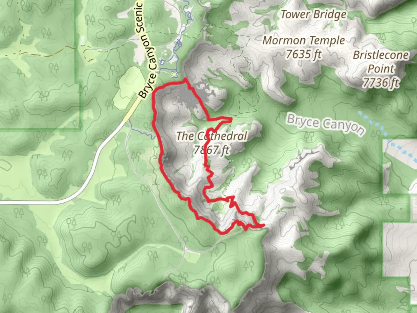 An image depicting the trail Rim Trail, Tropic Trail and Peekaboo Loop Trail and its surrounding area.