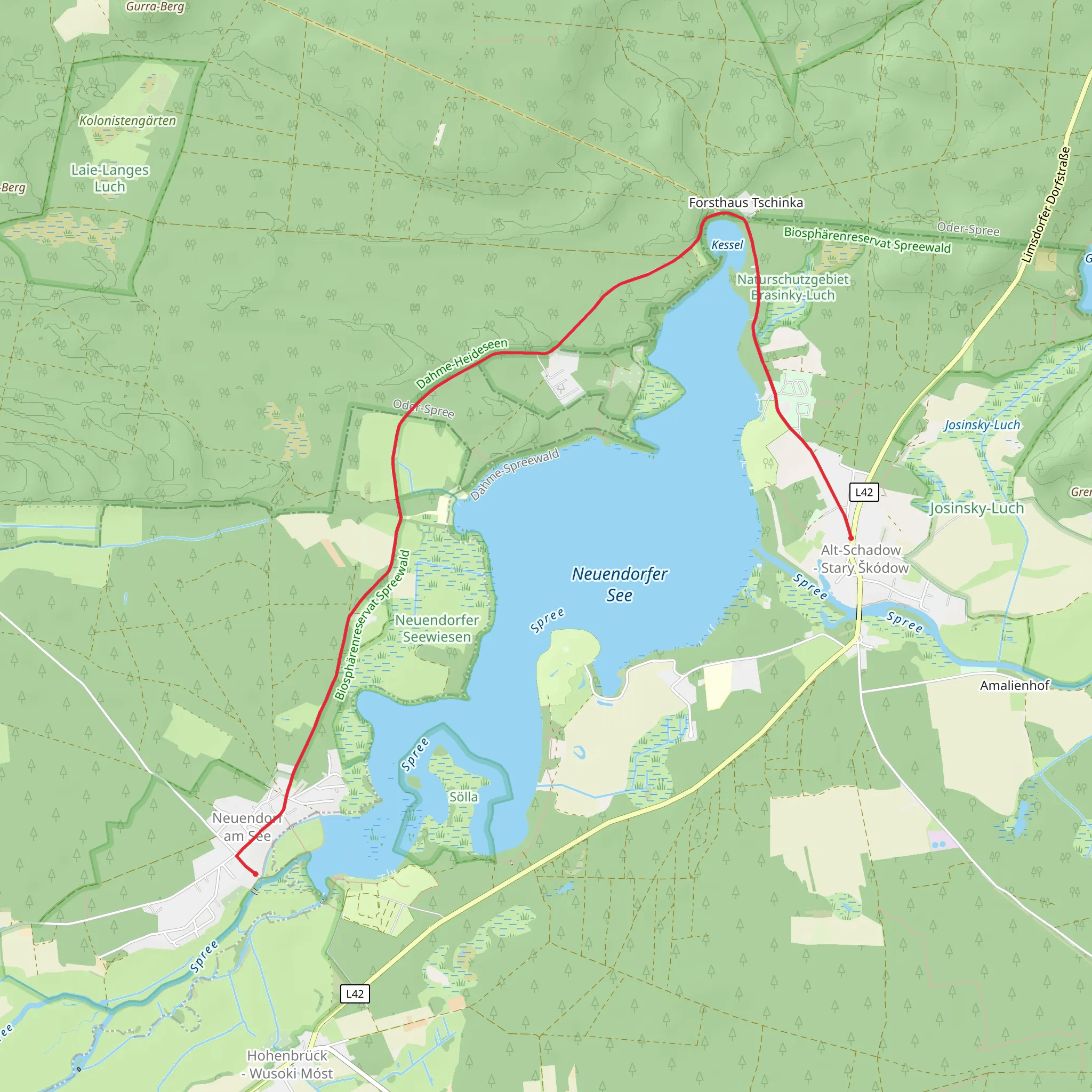Neuendorf an See to Alt Schadow - Stary Skodow via Neuendorfer Strasse mobile static map