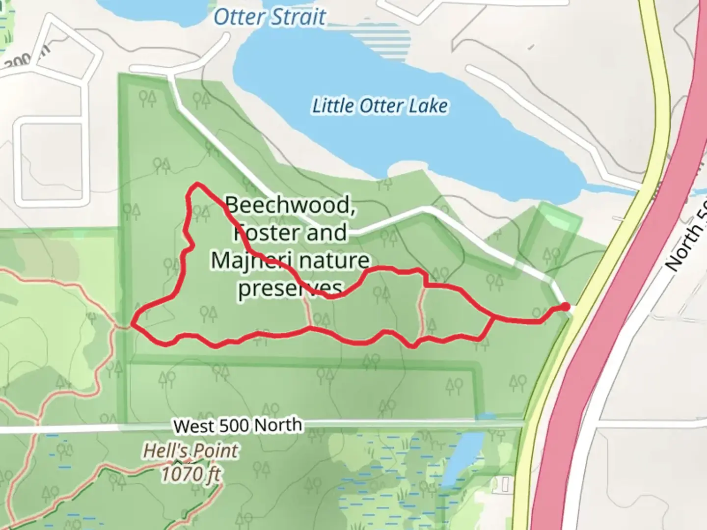 An image depicting the trail Beechwood, Foster and Majneri Nature Preserves Loop and its surrounding area.