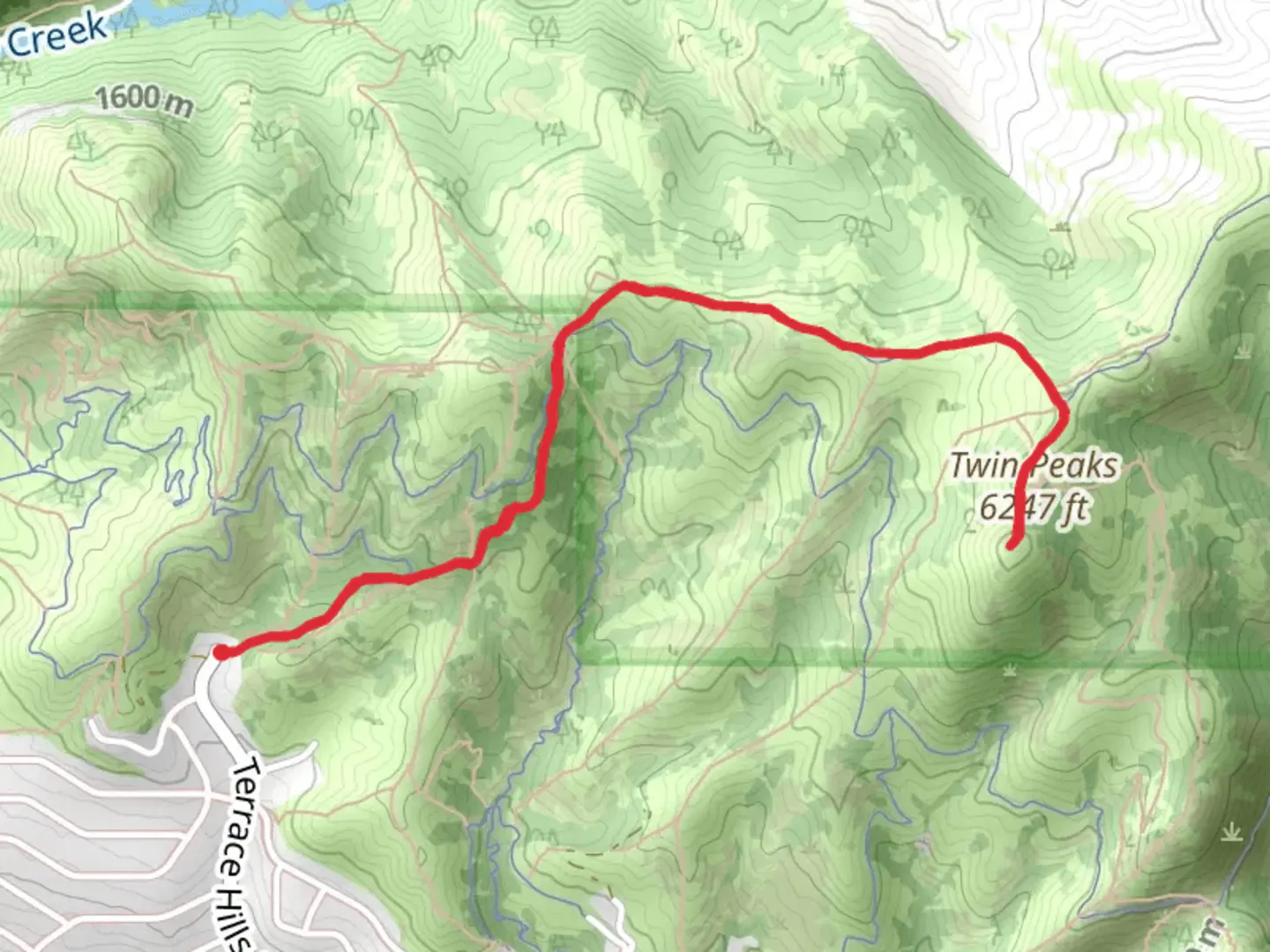 An image depicting the trail Terrace Hills East Trail and Twin Peaks Trail and its surrounding area.