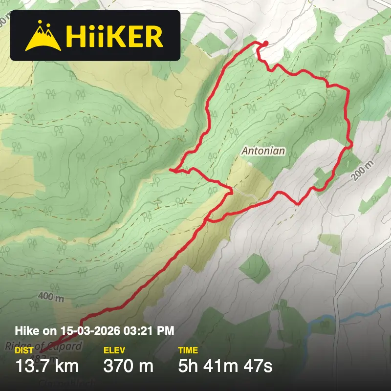 A map preview of the recording Hike on 15-03-2026 03:21 PM N374 064 Beech forest and Bluebells.