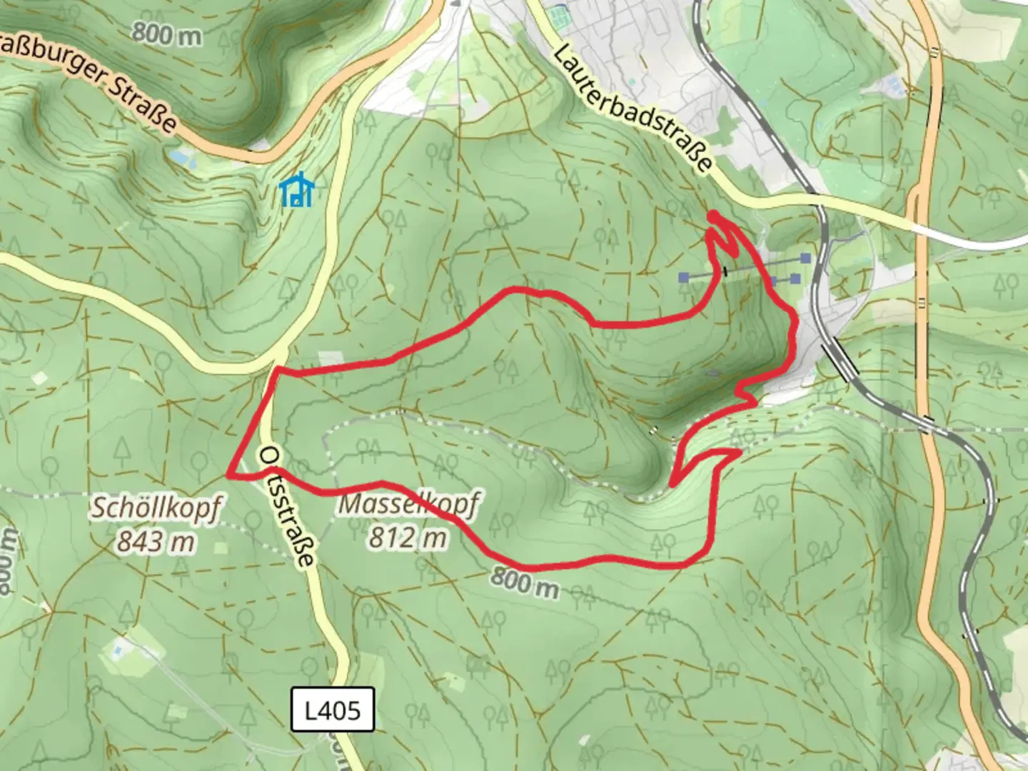 An image depicting the trail Lauterbad Loop via Laitweg and Großvatertanne and its surrounding area.