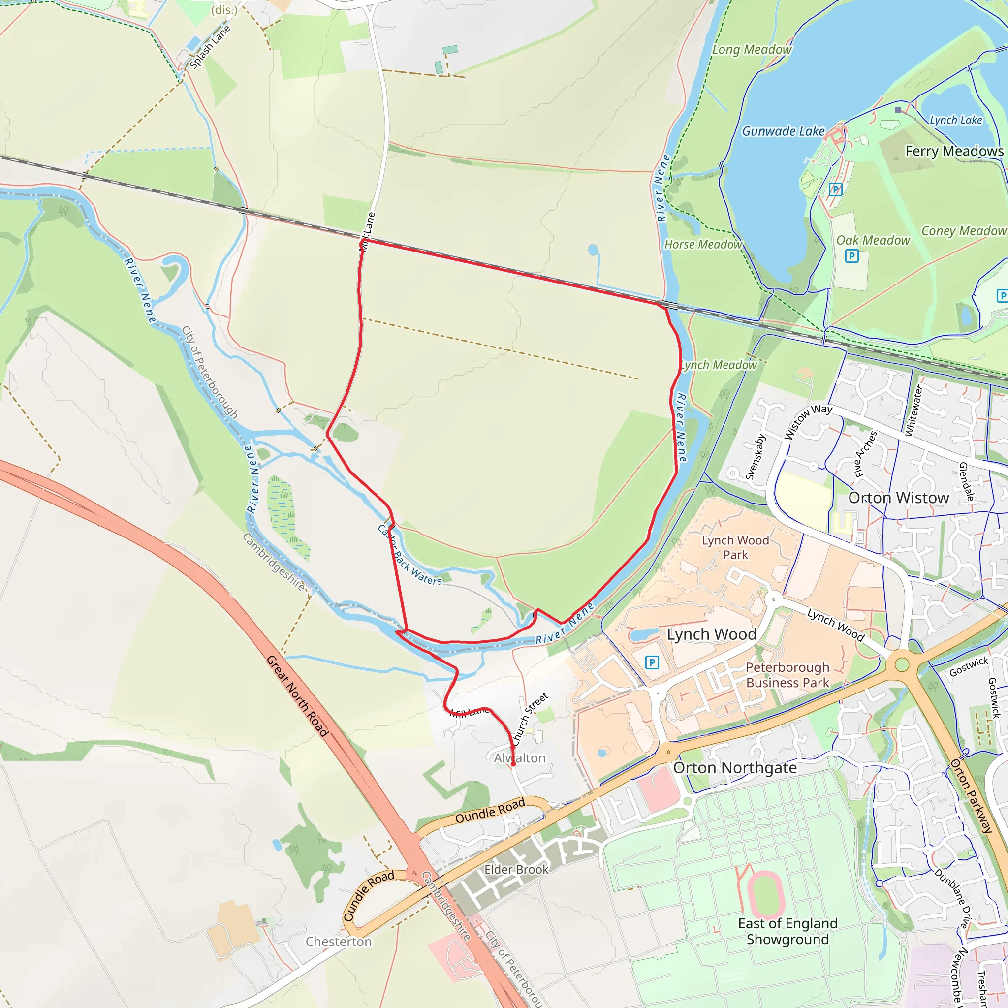 Castor Mills via Nene Valley Railway and Alwalton Nene Footpath mobile static map