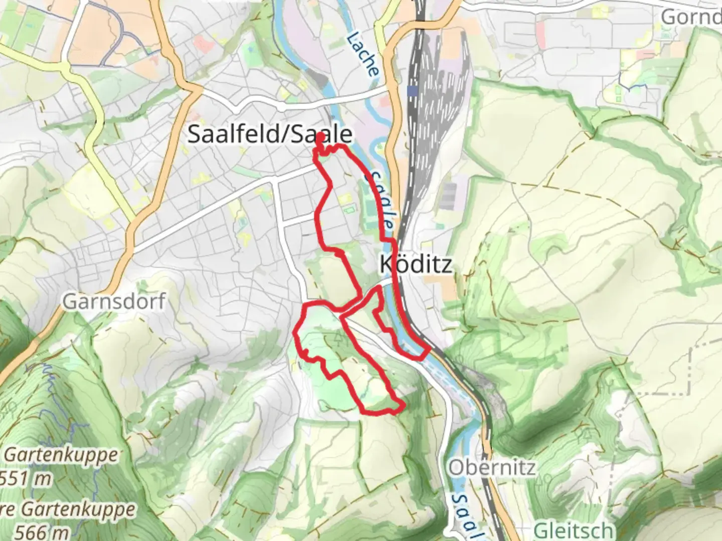 An image depicting the trail Saale and Rundwanderweg Suedstadt and its surrounding area.