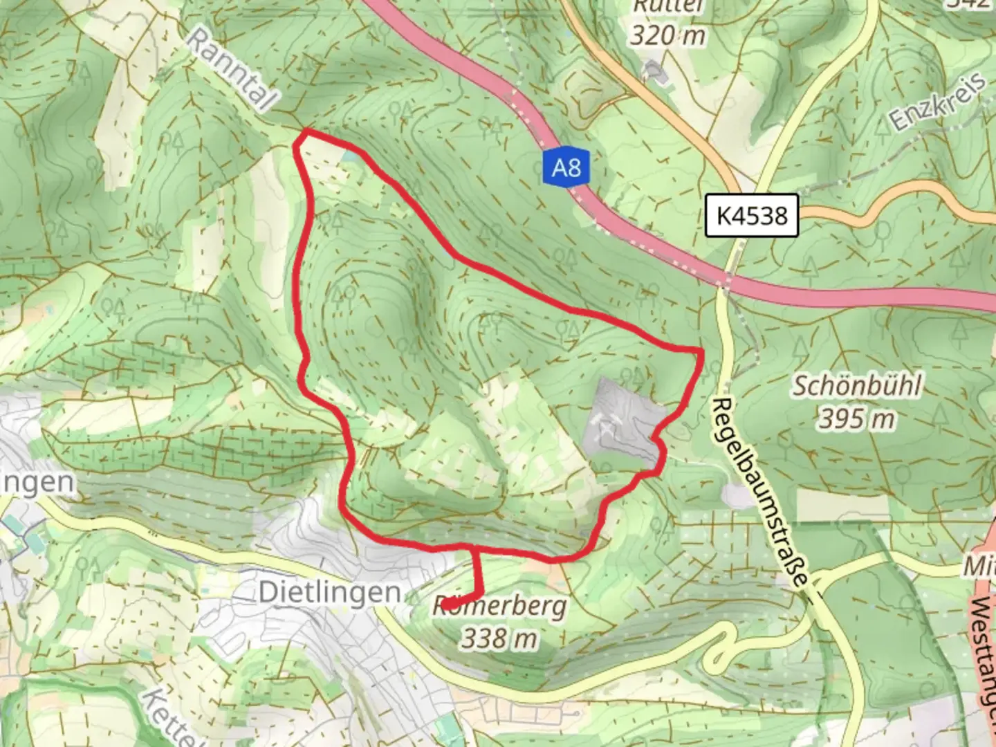 An image depicting the trail Steinbruch and Hagenreut Loop and its surrounding area.