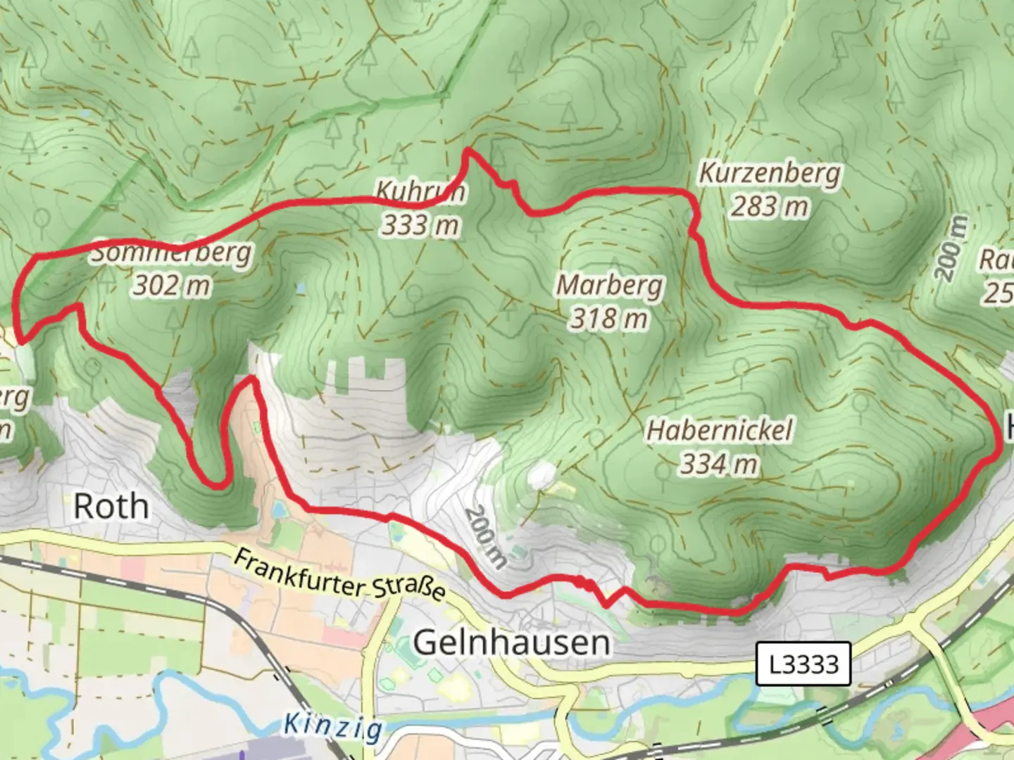 An image depicting the trail Gelnhaeuser Rundweg and its surrounding area.