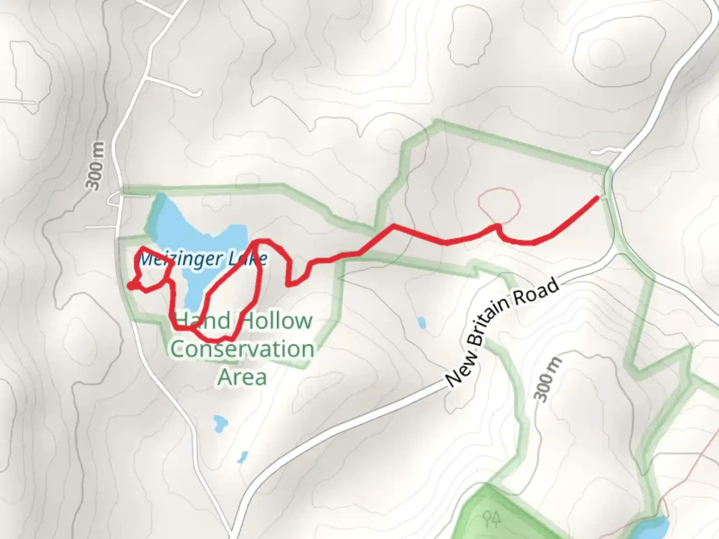 An image depicting the trail Meizinger Lake in Hand Hollow Conservation Area and its surrounding area.