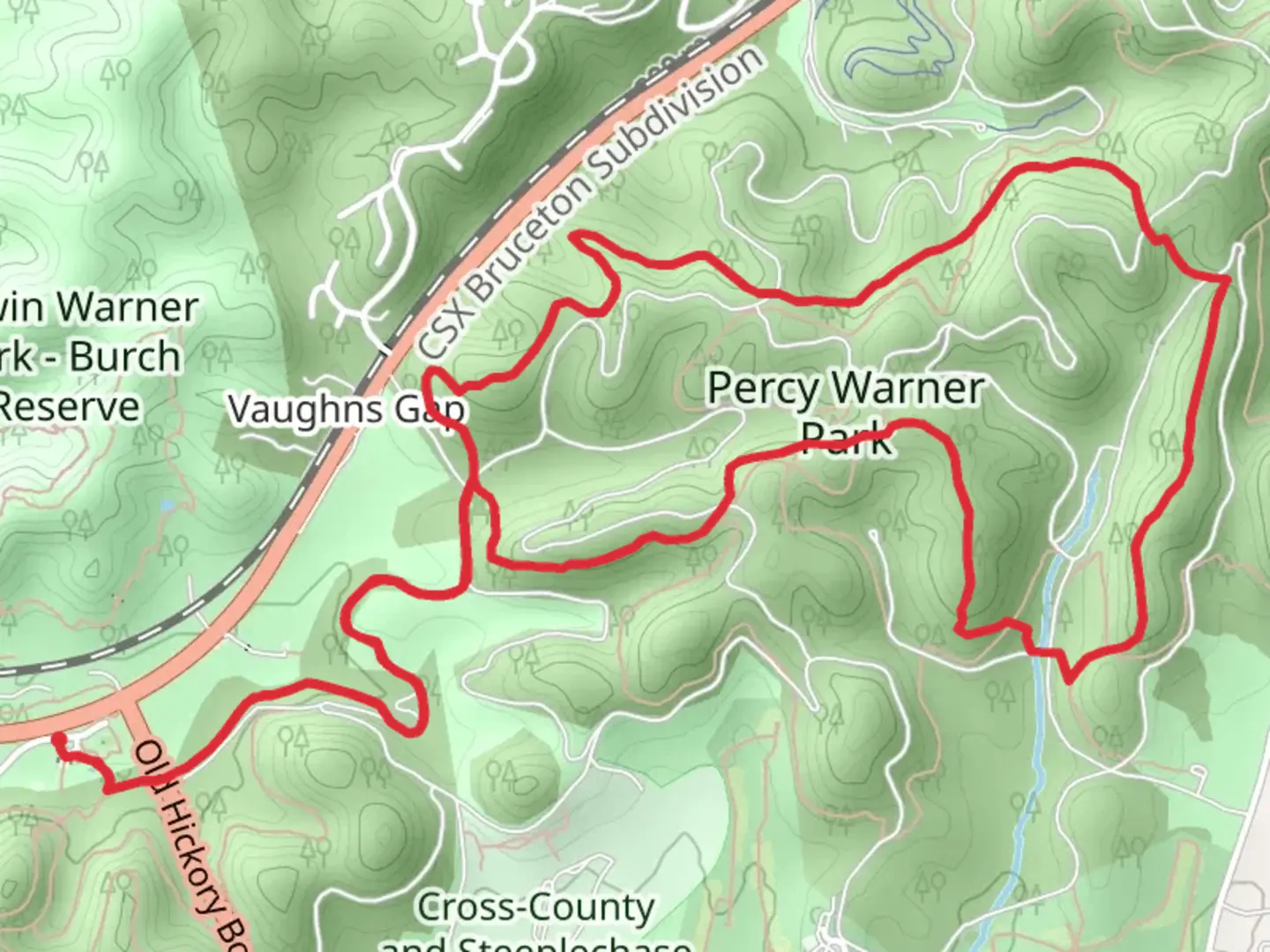 An image depicting the trail Percy Warner Park - Mossy Ridge Trail and its surrounding area.