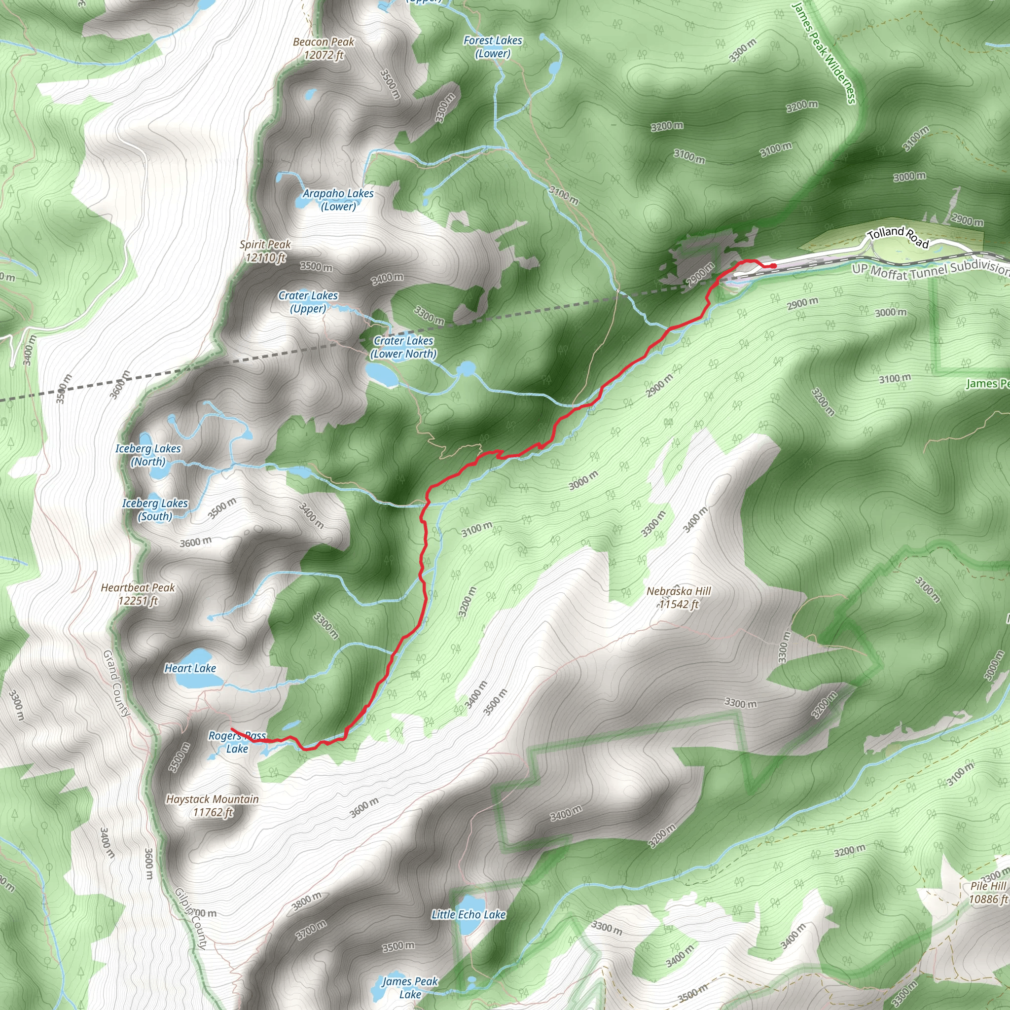 Rogers Pass Lake via South Boulder Creek Trail mobile static map
