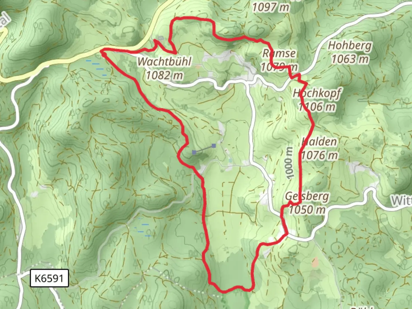 An image depicting the trail Wachtbühl, Ramsen and Ibacher Moos Loop and its surrounding area.