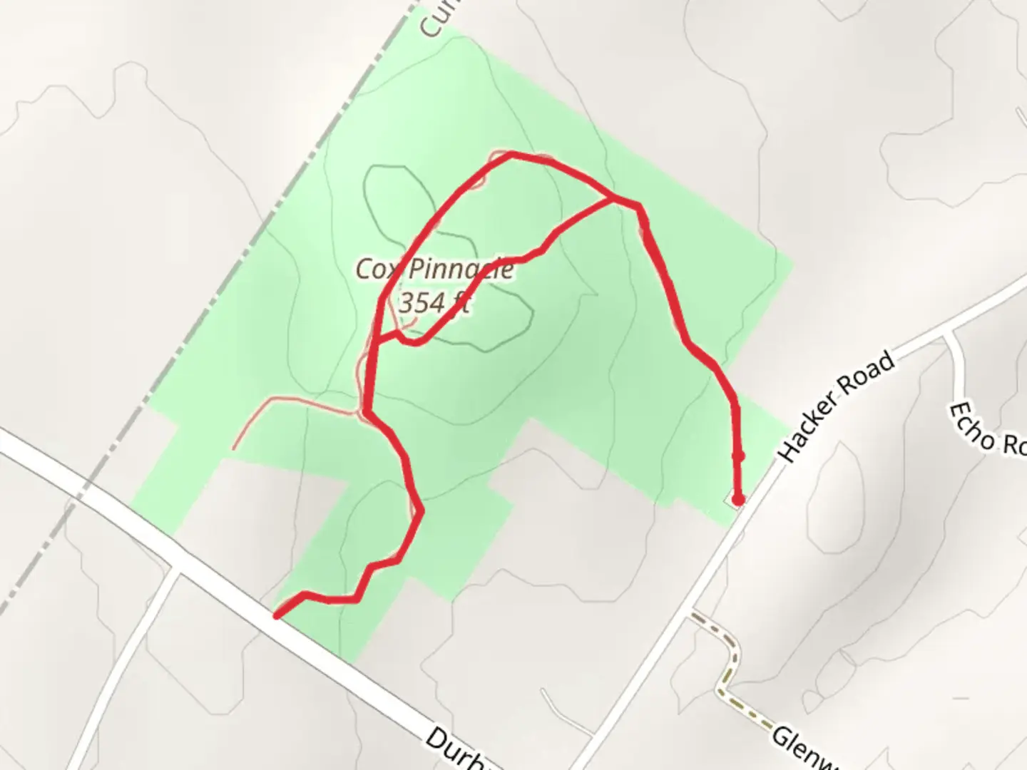 An image depicting the trail Cox Pinnacle from Hacker Road and its surrounding area.