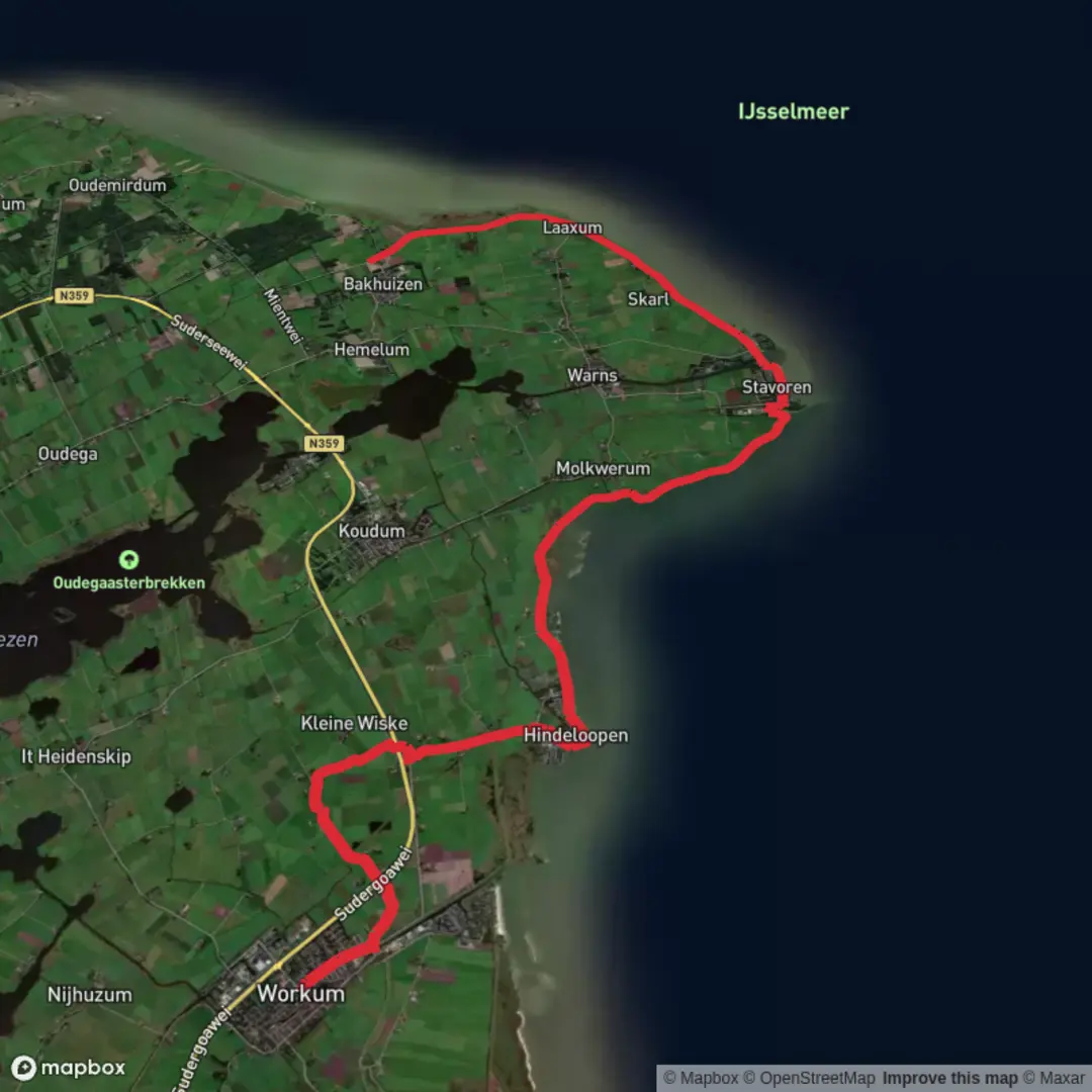 An image depicting the trail Workum to Mirns via Bocht fan Molkwar and Ijsselmeer and its surrounding area.