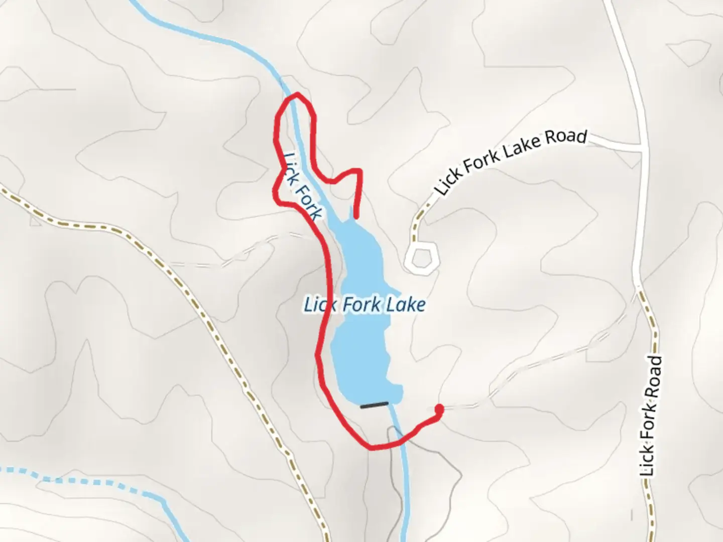 An image depicting the trail Lick Fork Lake Hiking Trail and its surrounding area.