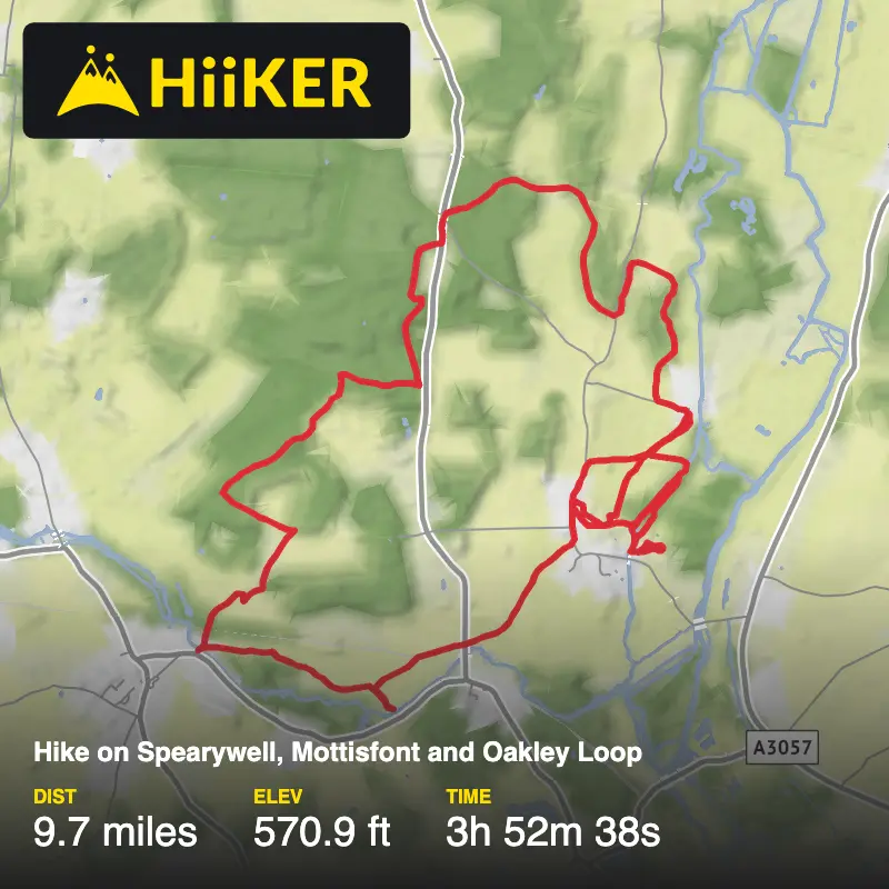 A map preview of the recording Hike on Spearywell, Mottisfont and Oakley Loop.