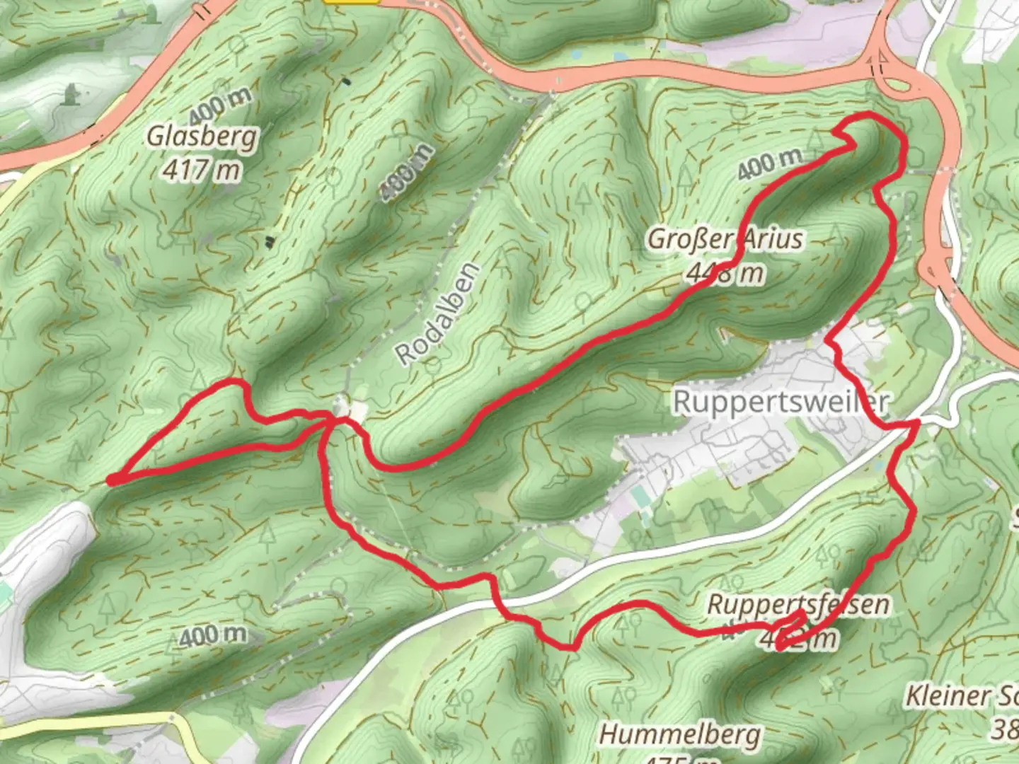 An image depicting the trail Ruine Ruppertstein, Großer Arius and Kleiner Arius Loop and its surrounding area.
