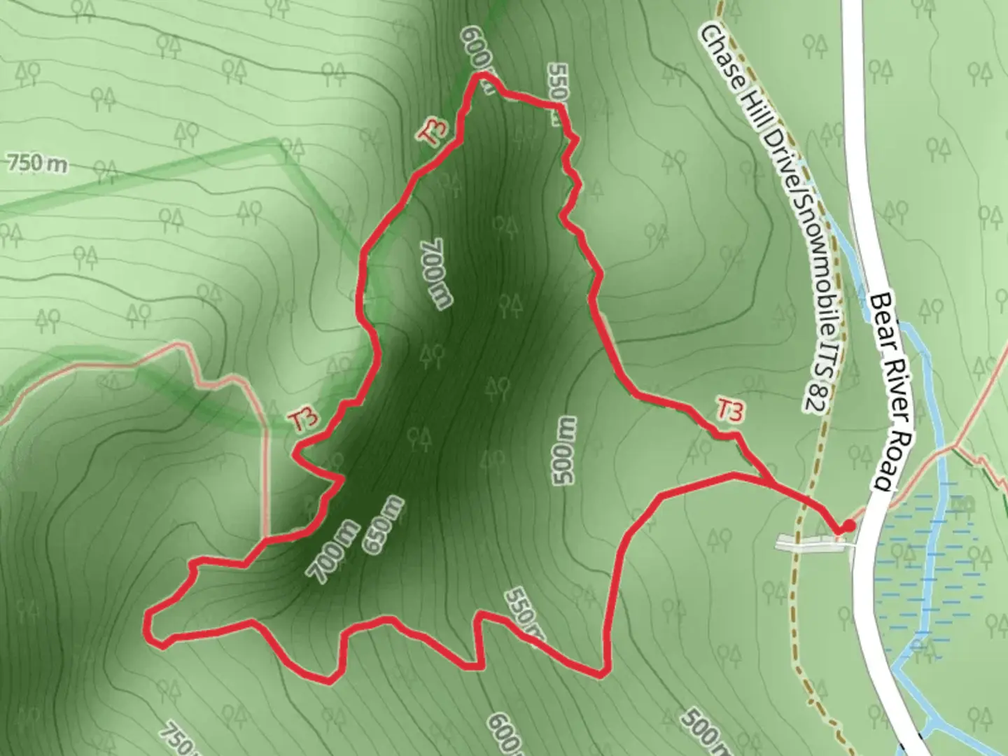 An image depicting the trail Eyebrow Trail and Grafton Loop Trail and its surrounding area.