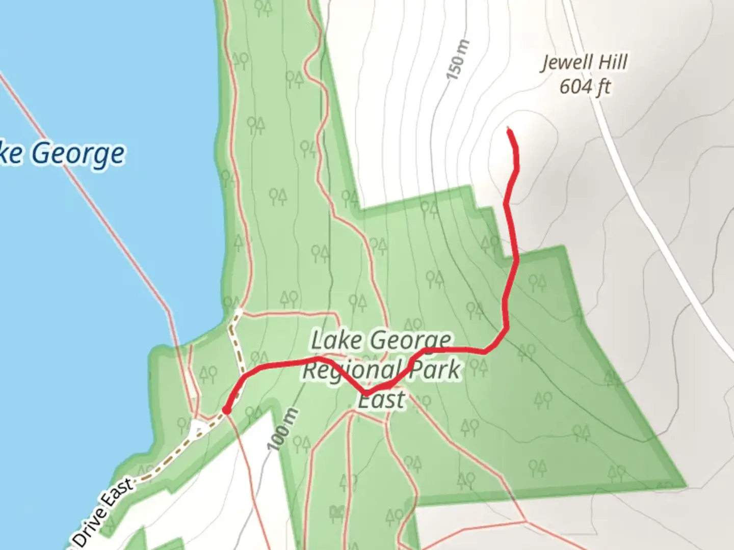 An image depicting the trail Jewel Hill from Lake George East Road and its surrounding area.