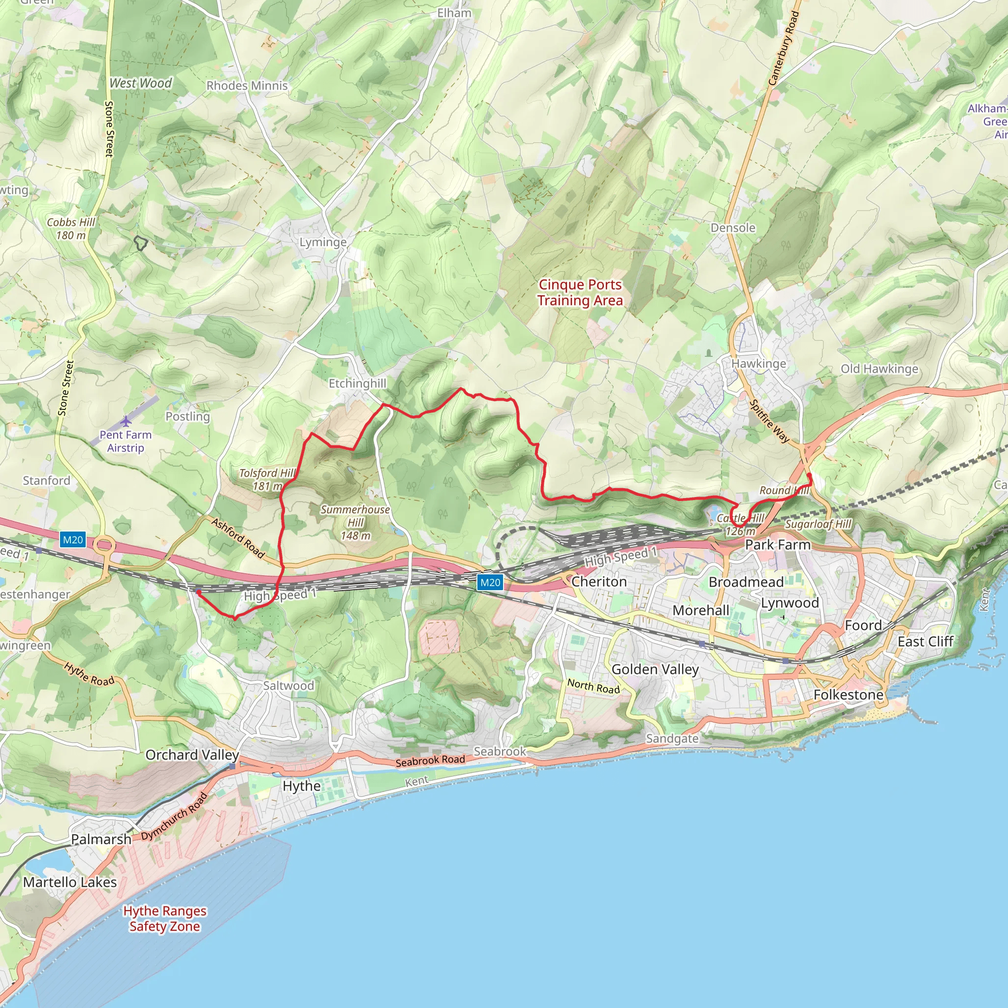 Sandling to Canterbury Road via Heane Wood and Round Hill mobile static map