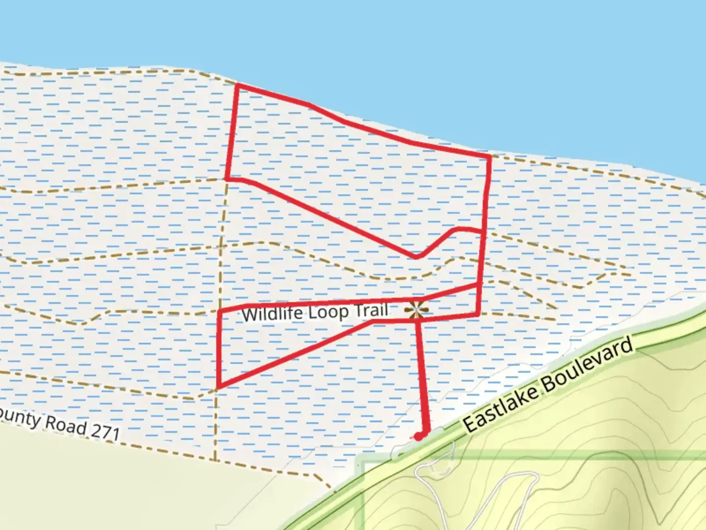 An image depicting the trail Wildlife Loop Trail from Eastlake Boulevard and its surrounding area.