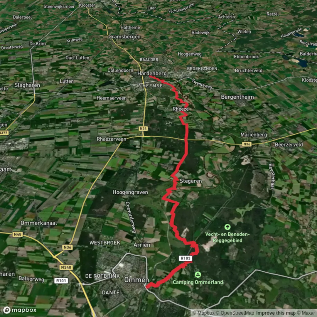 An image depicting the trail De Heetdelle, Hardenberg and Heemser and its surrounding area.