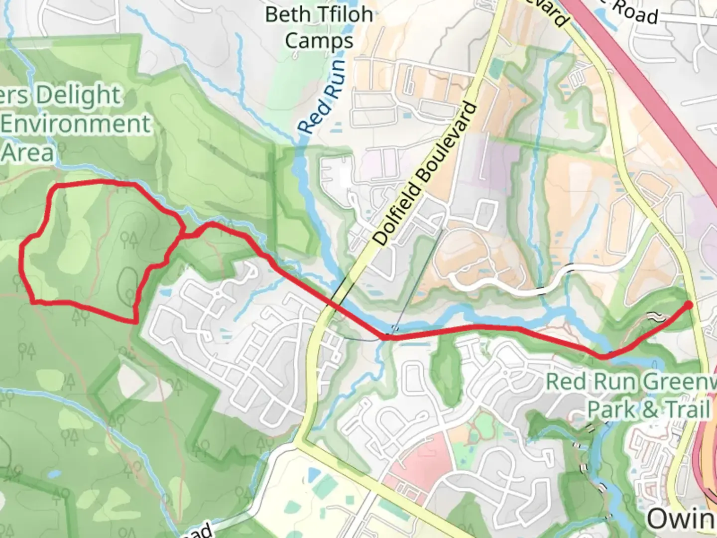 An image depicting the trail Red Run Stream Valley Loop Trail and its surrounding area.