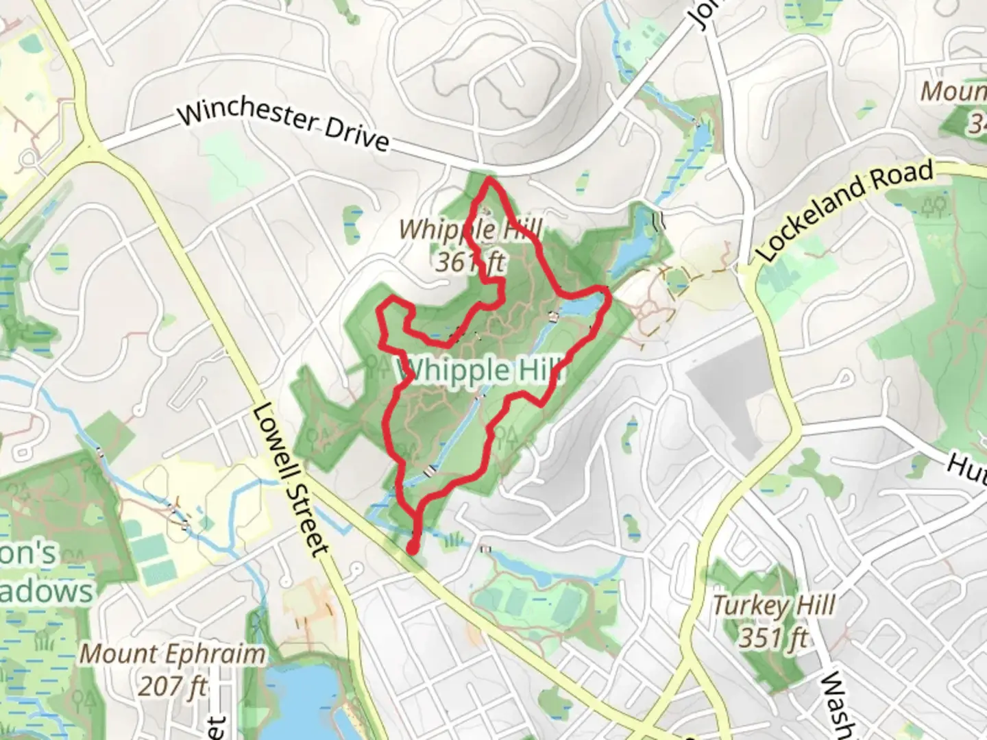 An image depicting the trail Whipple Hill Loop via Geology Trail and its surrounding area.