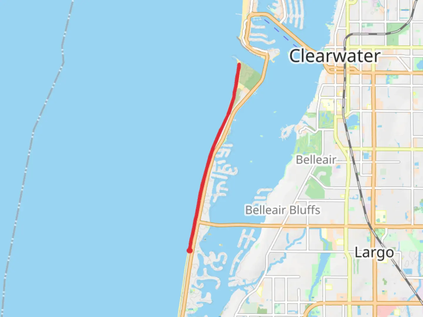 An image depicting the trail Sand Key Beach from 28th Avenue North and its surrounding area.