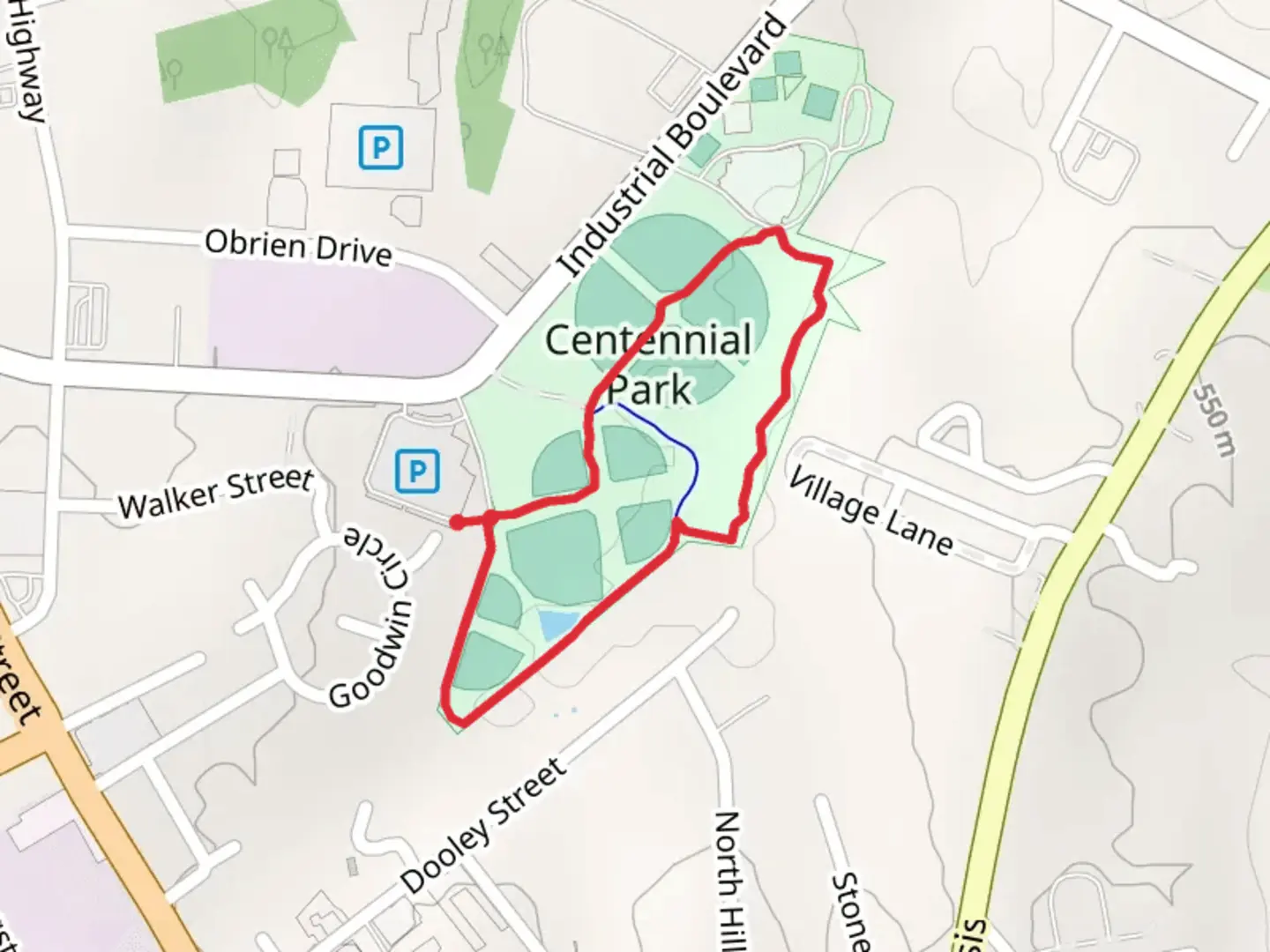 An image depicting the trail Centennial Park Loop and its surrounding area.