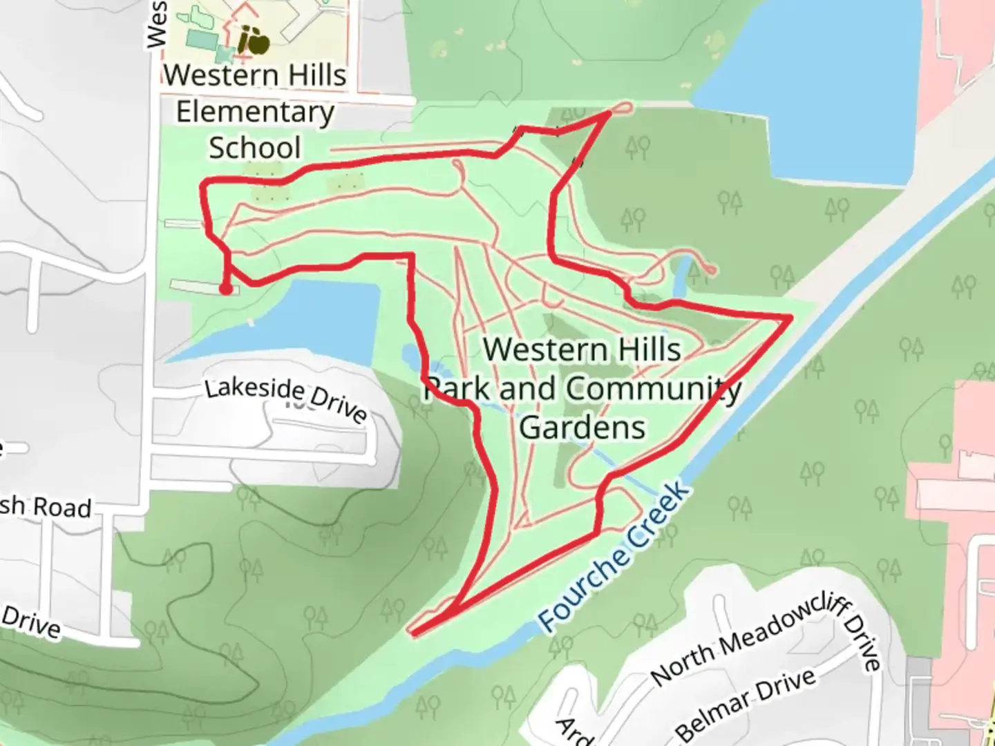 An image depicting the trail Western Hills Lake and Western Hills Park and Community Gardens Loop and its surrounding area.